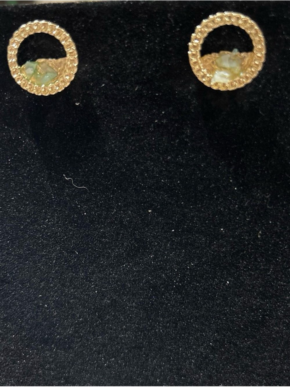 Gold color Circle Stud Earrings with Pale Green Inlay